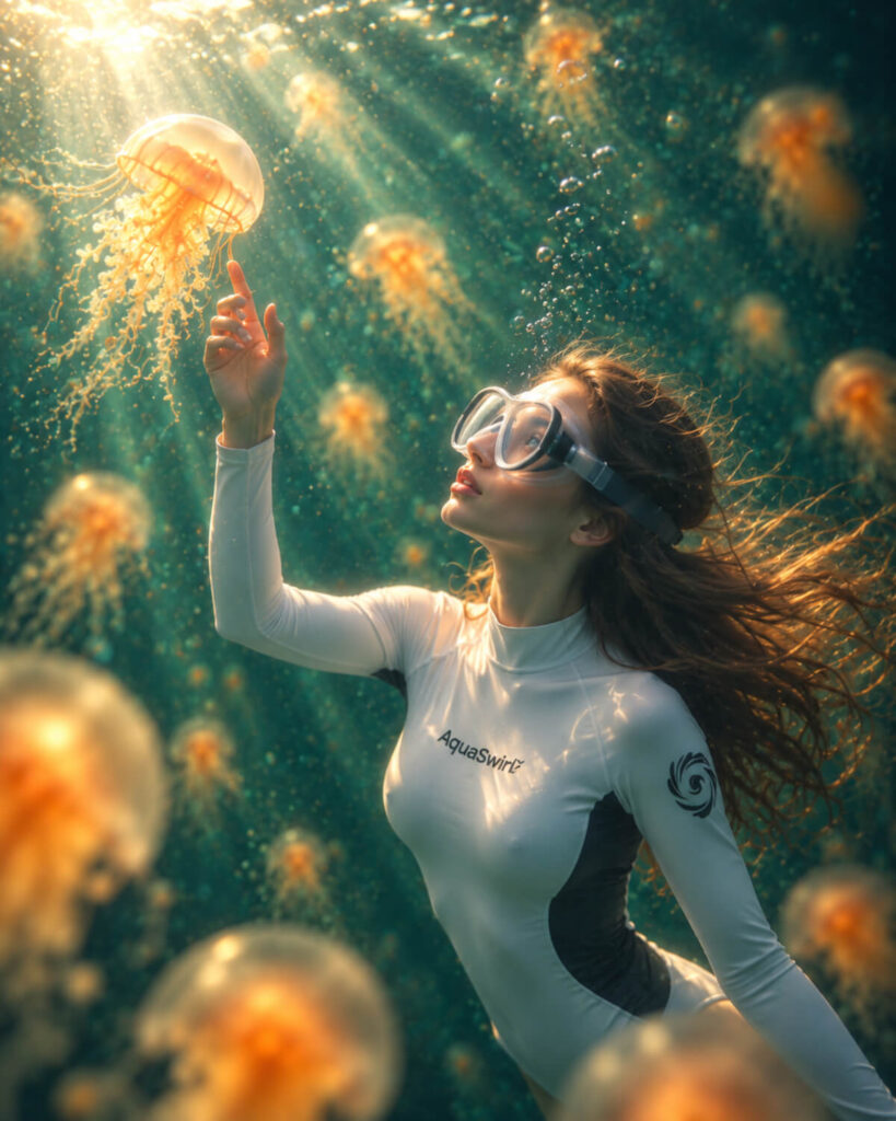 Snorkeler in a white wetsuit exploring marine life underwater