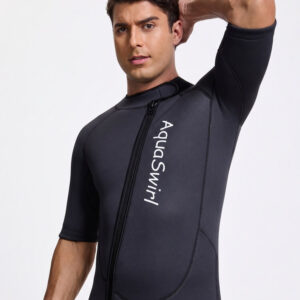 AquaSwirl AQ061 men's 2mm shorty wetsuit feature graphic showing Heat Lock construction and warmth-focused design