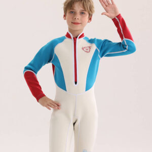 Child wearing red blue and white long-sleeve one-piece swimwear