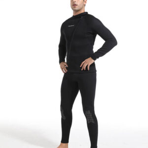 Full body view of men's black two-piece wetsuit