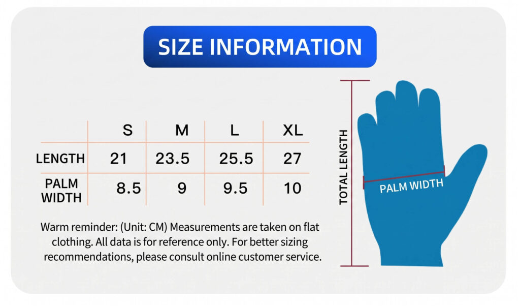 Size chart for AquaSwirl neoprene diving gloves