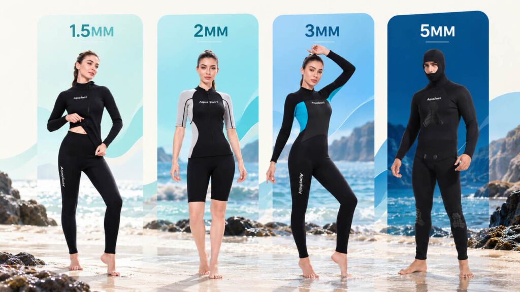 Comparison of wetsuits with different coverage and thicknesses
