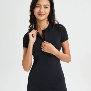 Women's short sleeve one piece swimsuit in Classic Black with front zip and boyleg shorts
